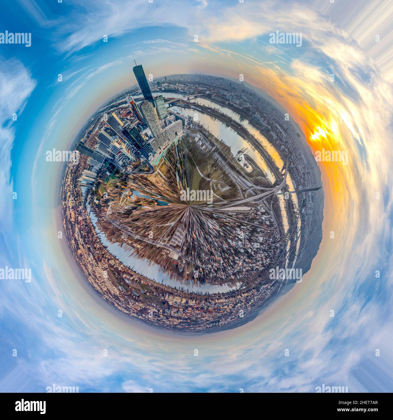 Luftaufnahme von Wien, Österreich in Panoramasicht mit Donau