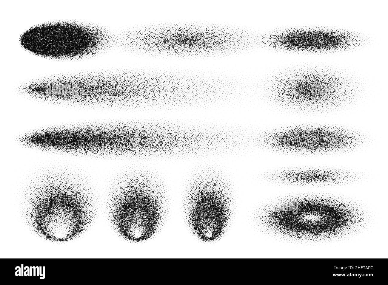 Gestrichelte Schatten, gepunktete Designelemente. Verblassender Verlauf. Stippeln, Dotwork-Zeichnen, Schattierung mit Punkten. Pixelzerfall, Halbtoneffekt Stock Vektor