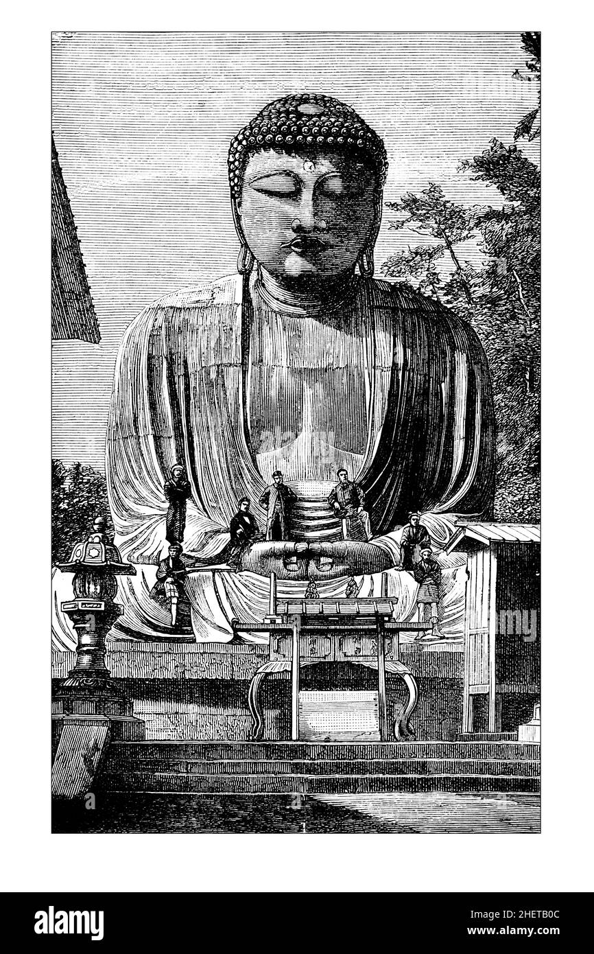 Dai-Butsu in Kama-Kura – kolossale Buddha-Statue, Linienilllustration aus Zentralafrika, Japan und Fidschi, veröffentlicht 1882 von Hodder & Stoughton, Lo Stockfoto