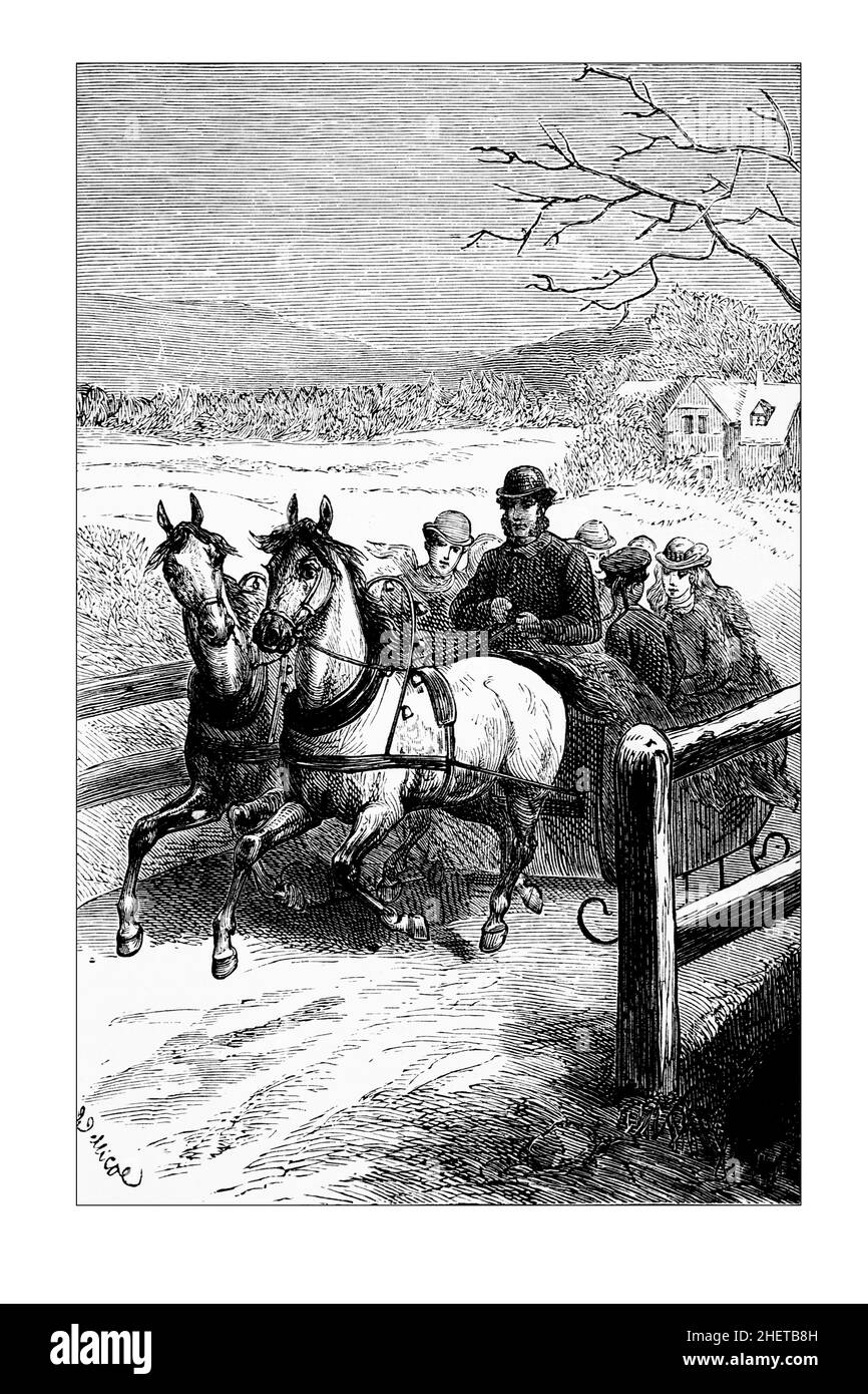 Kinder im Pferdeschlitten in der kanadischen Winterlandschaft, 1882 Line-Illlustration von den Bairns, oder, Janets Liebe und Service, von Margaret M Robe Stockfoto
