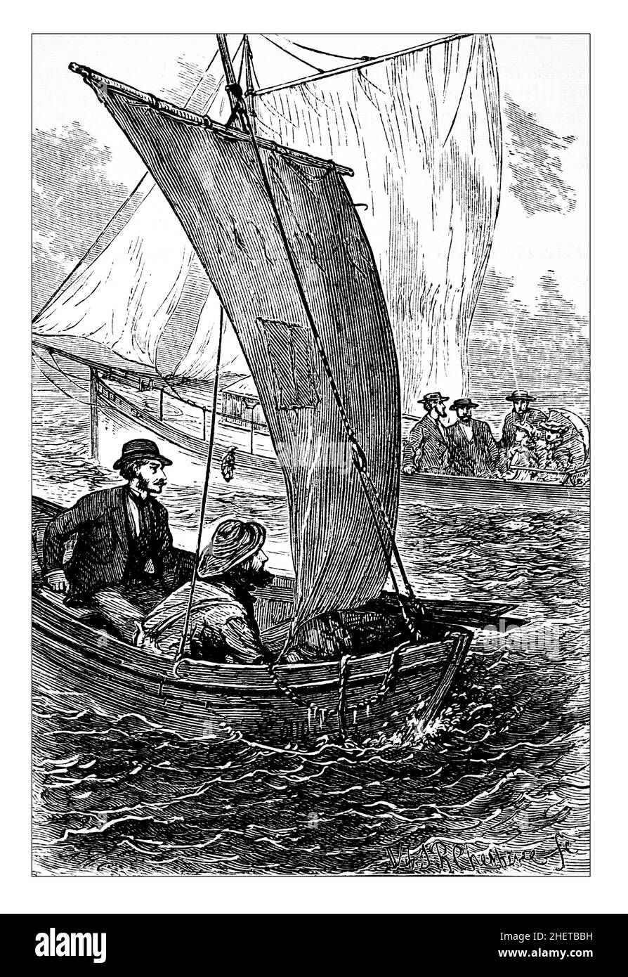 Gentleman im Boot mit Seemann 1879 Line Illlustration, von der Blume des Grasmarktes, oder, gesucht und gerettet, von Mary Anna Paull Stockfoto