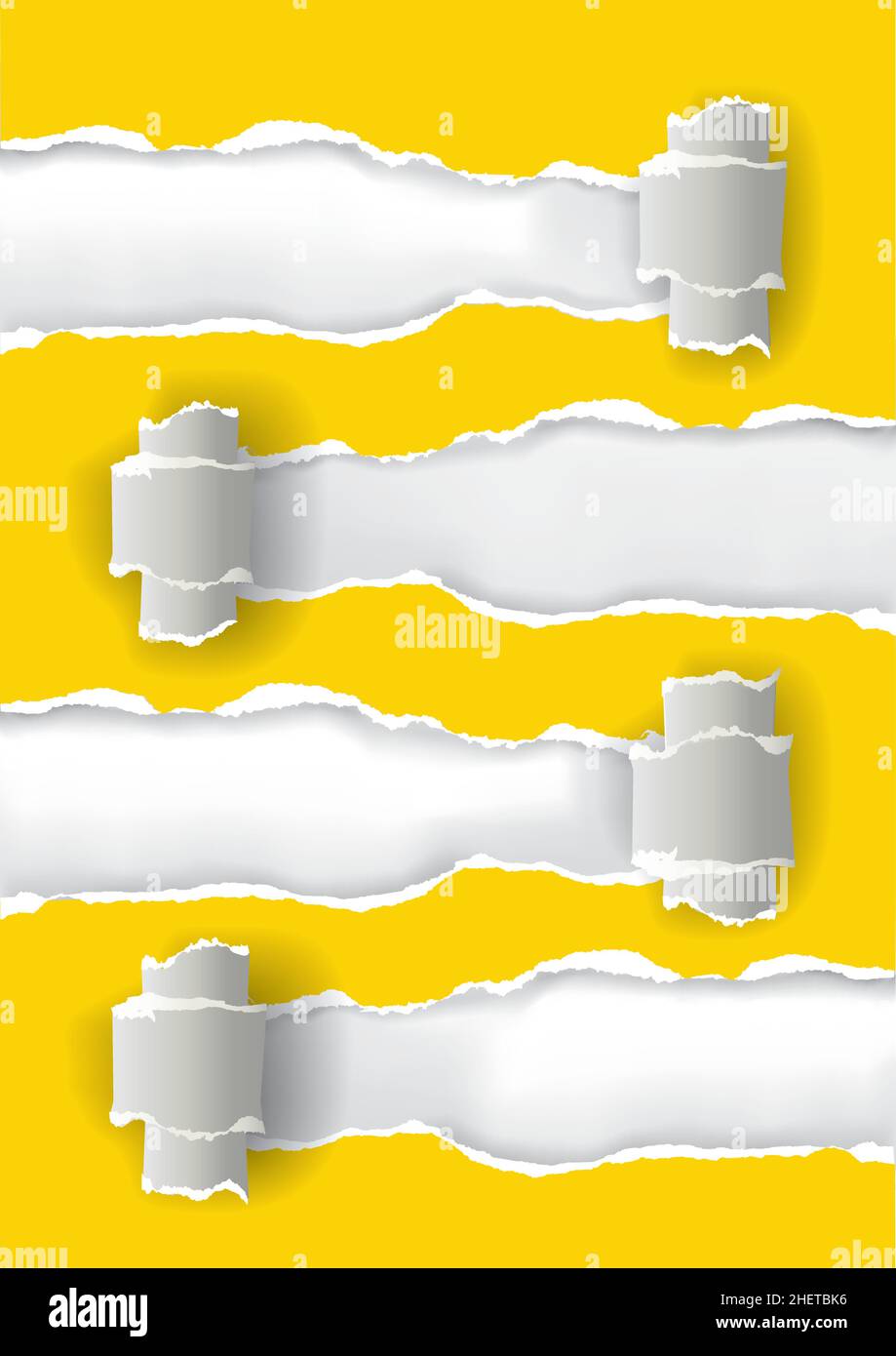 Yelloow zerrissenes Papier zusammengerollt, Bannervorlage. Illustration von Yelloow zerrissenem Papier mit Platz für Ihr Bild oder Ihren Text. Vektor verfügbar. Stock Vektor