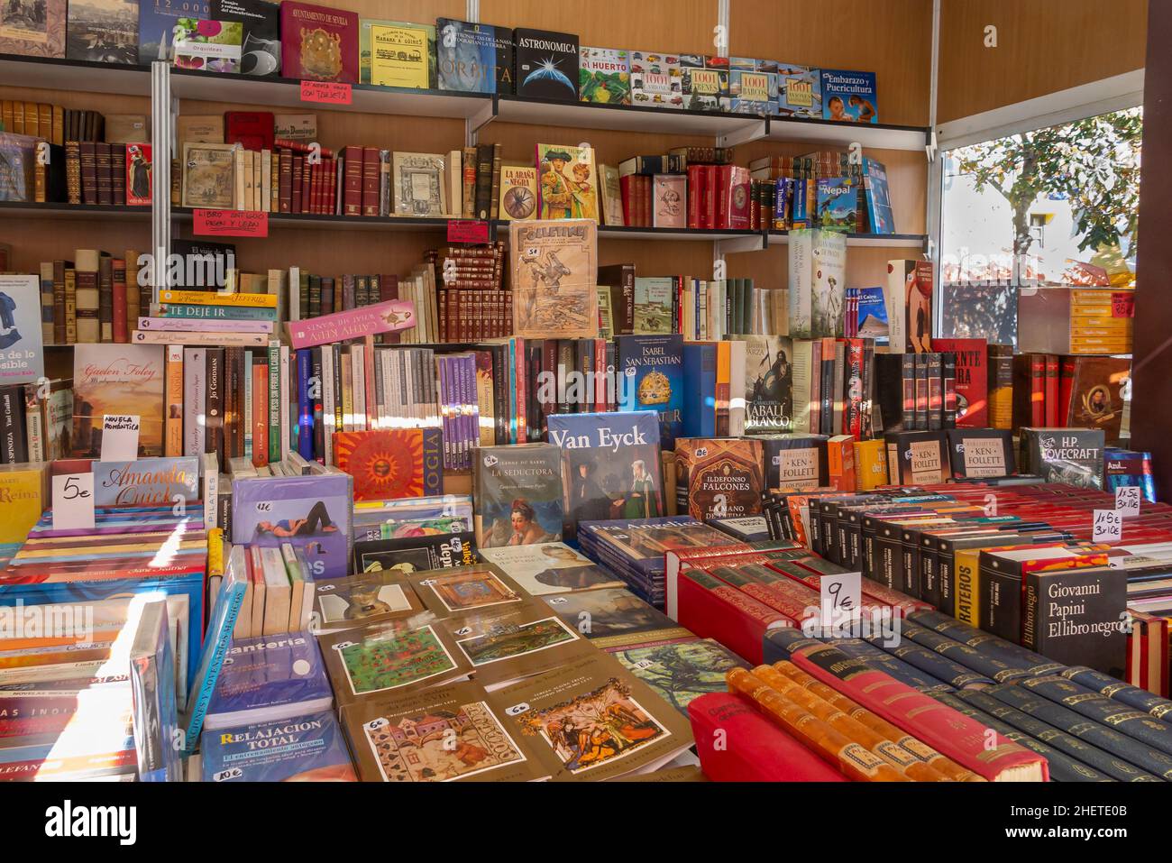 ALCALA DE HENARES, MADRID, SPANIEN - 10. OKTOBER 2019: Nahaufnahme von Büchern auf der alten und gebrauchten Buchmesse von Alcala de Henares. Die Buchmesse findet statt Stockfoto