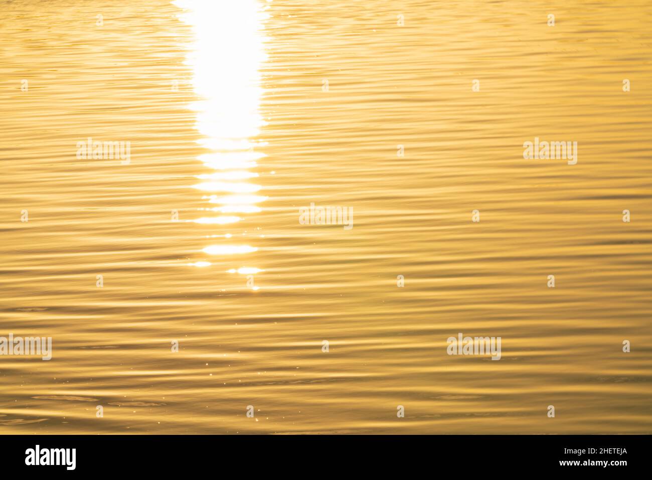 Wellen auf der Oberfläche von goldenem Wasser mit aufgehender Sonne leuchten hell durch. Stockfoto