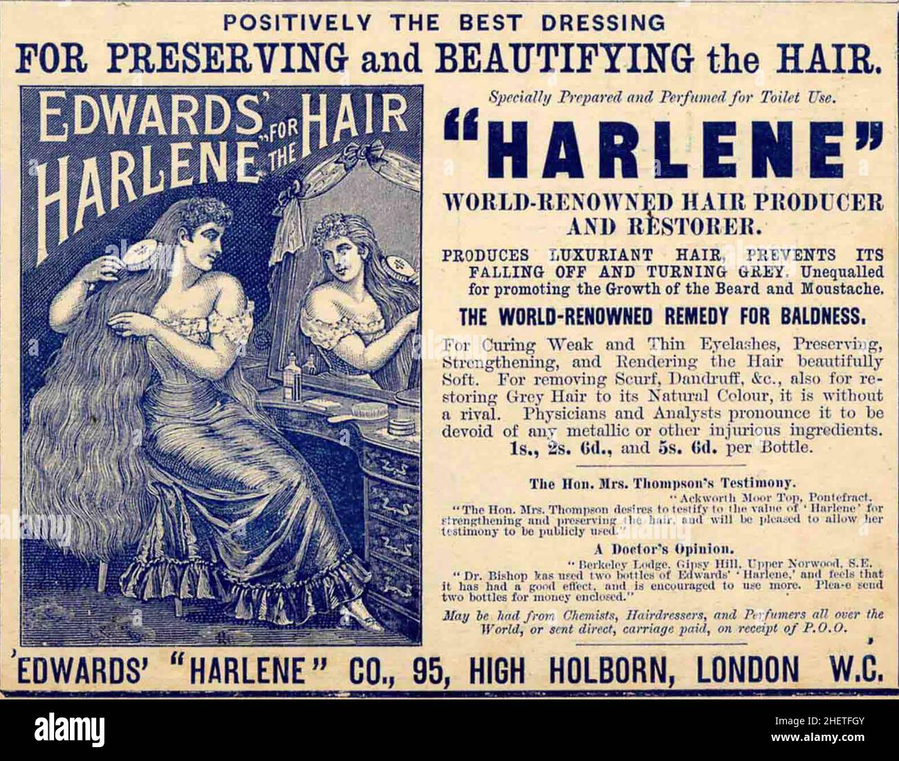 VIKTORIANISCHE MODE-Werbung für ein Produkt, das auch seinen Wert für Whisker und Schnurrbärte unterstreicht. Stockfoto