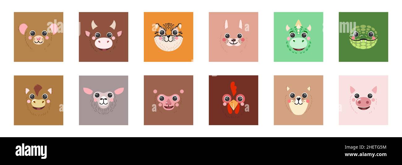 Tiere Quadratische Gesichter gesetzt chinesischen Sternzeichen zwölf Zeichen Porträts Ikonen nette Cartoon Illustration flache Vektor Avatare Ratte, Ochse, Tiger, Kaninchen, Drachen, Schlange, Pferd, Ziege isoliert für UI, App, Kinderposter Stock Vektor