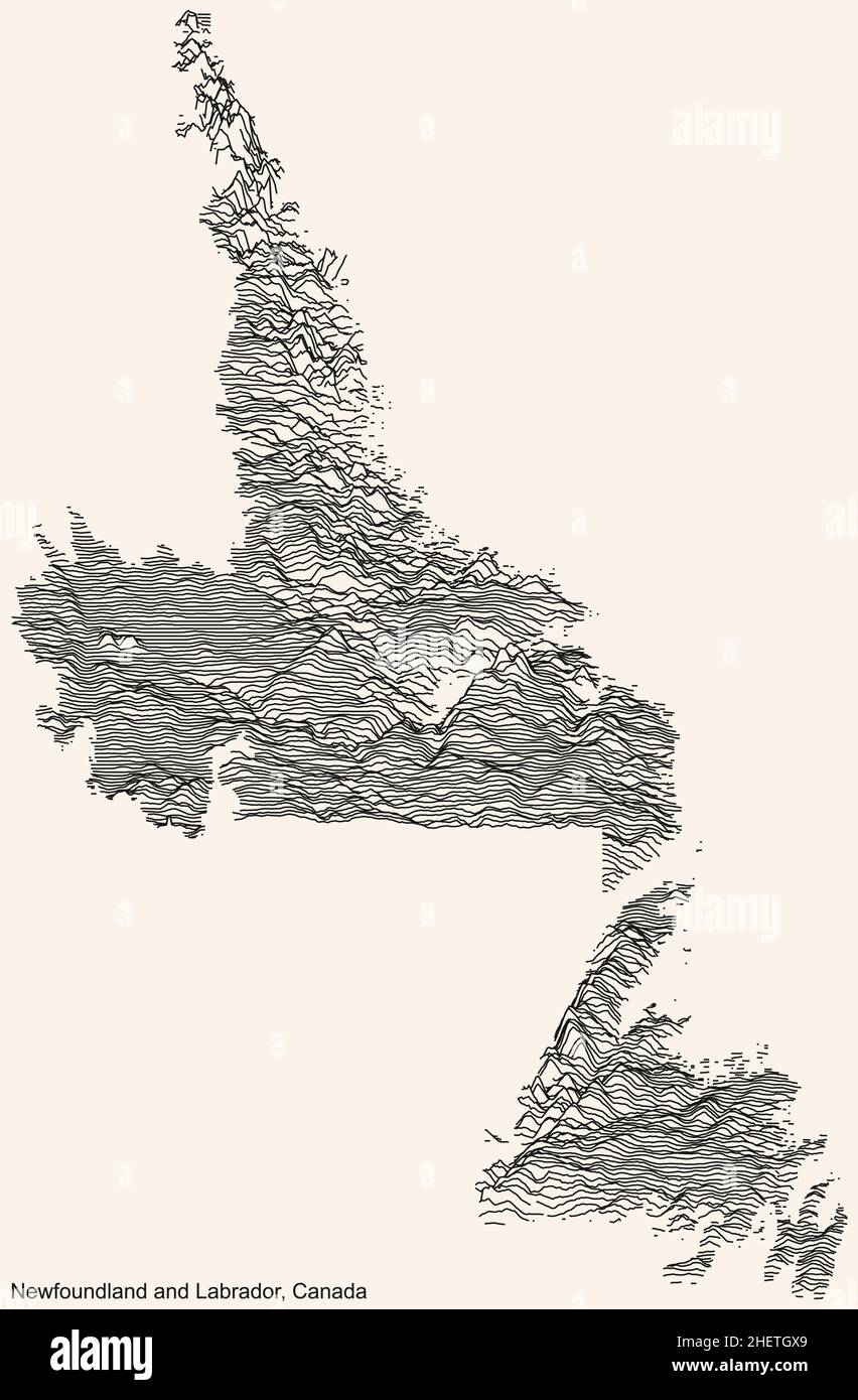 Topographische Reliefkarte des kanadischen Territoriums von NEUFUNDLAND UND LABRADOR, KANADA mit schwarzen Konturlinien auf beigem Hintergrund Stock Vektor