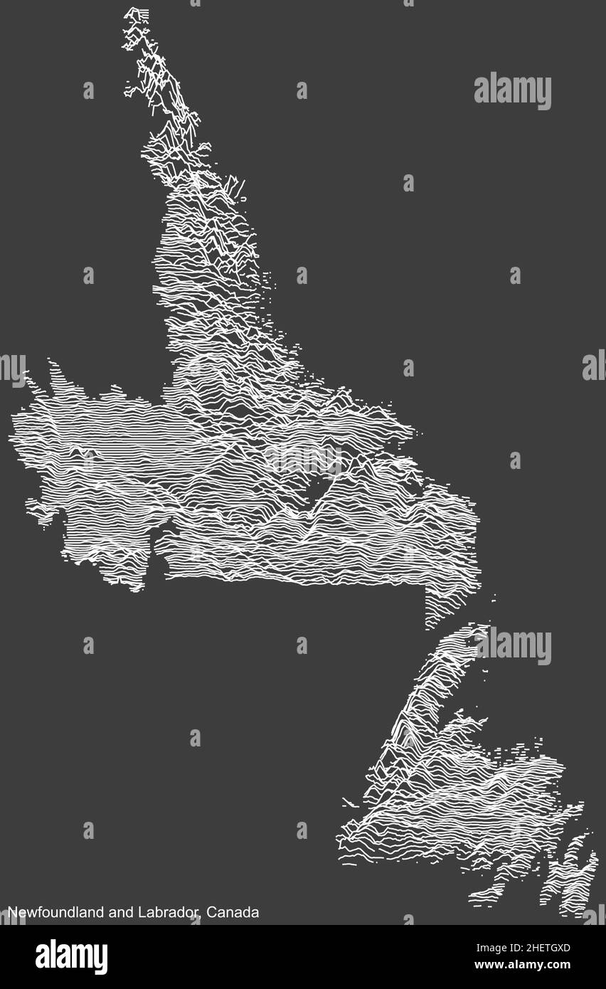 Topographische Negativrelief-Karte des kanadischen Territoriums NEUFUNDLAND UND LABRADOR, KANADA mit weißen Konturlinien auf dunkelgrauem Hintergrund Stock Vektor
