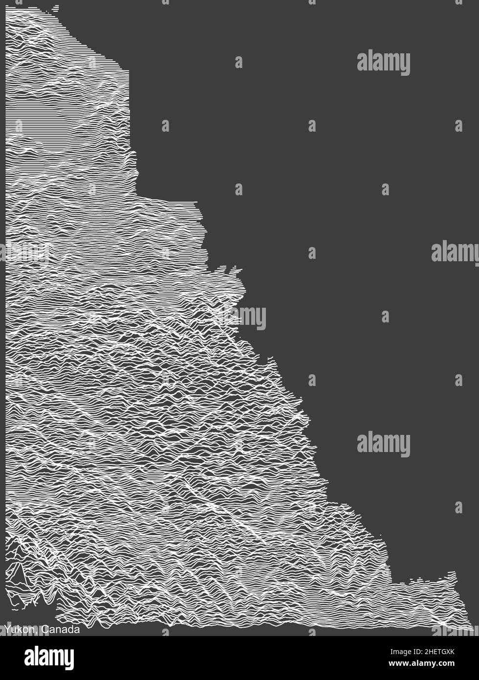 Topographische negative Reliefkarte des kanadischen Territoriums YUKON, KANADA mit weißen Konturlinien auf dunkelgrauem Hintergrund Stock Vektor