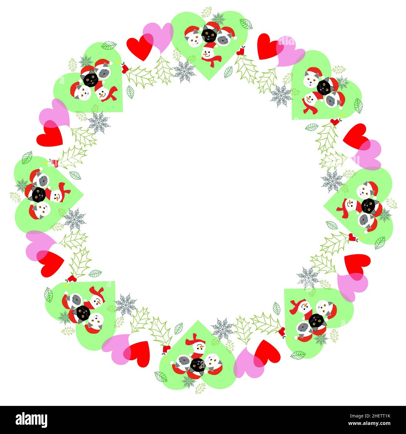 Kranz von Katzen, Schneemann und Stechpalmen mit weißem Hintergrund, Vektorgrafik Stockfoto