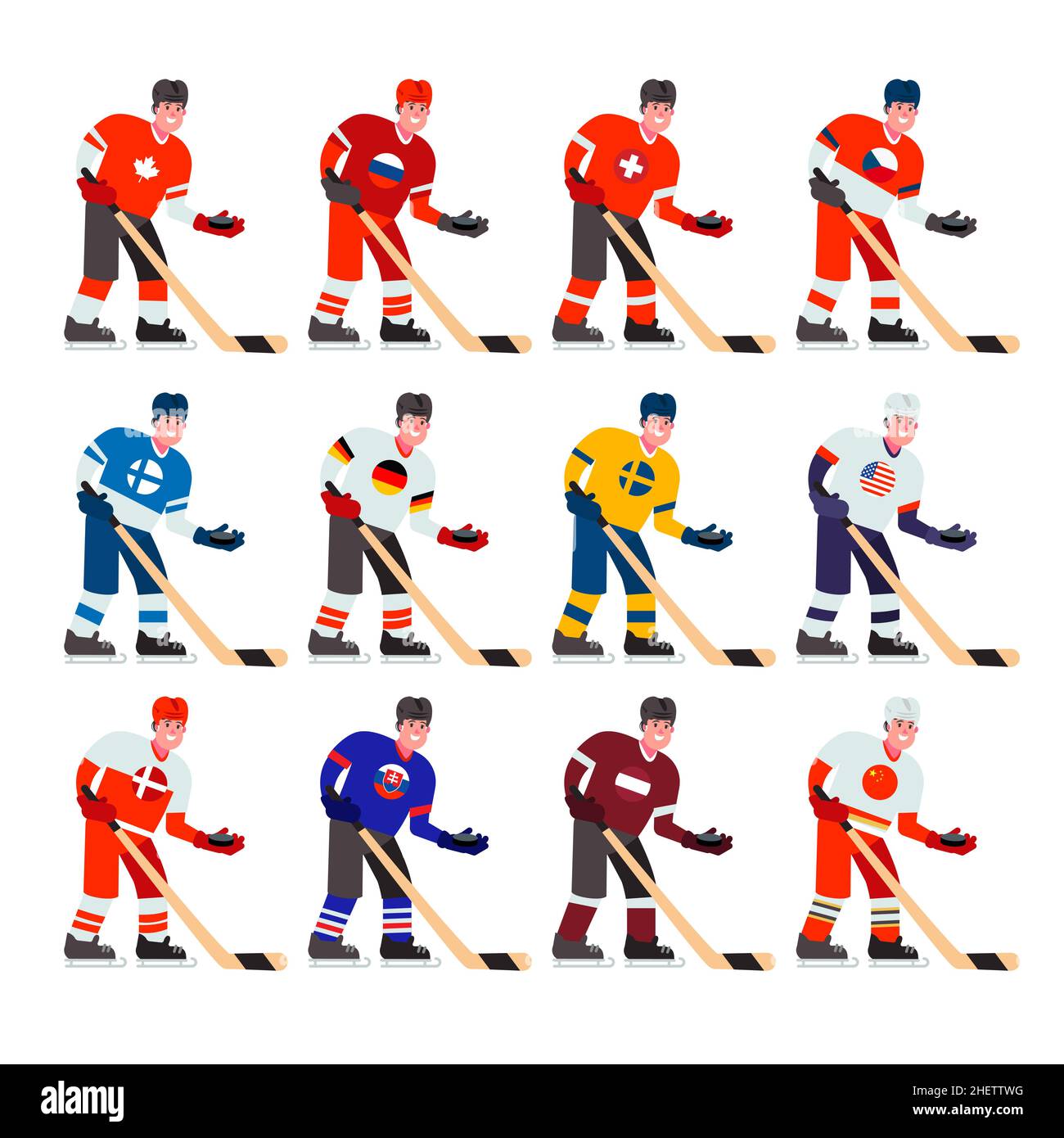 Eine Reihe von Eishockeyspielern mit einem Stock und einem Puck aus verschiedenen Ländern. Vektorgrafik in einem flachen Stil. Stock Vektor