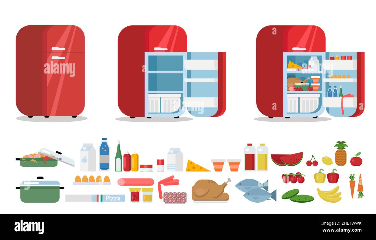 Vektor für flache Kühlschränke. Voll und leer retro roten Kühlschrank in der Küche. Abbildung für Gefriergeräte und Lebensmittel. Produktgruppe. Stock Vektor