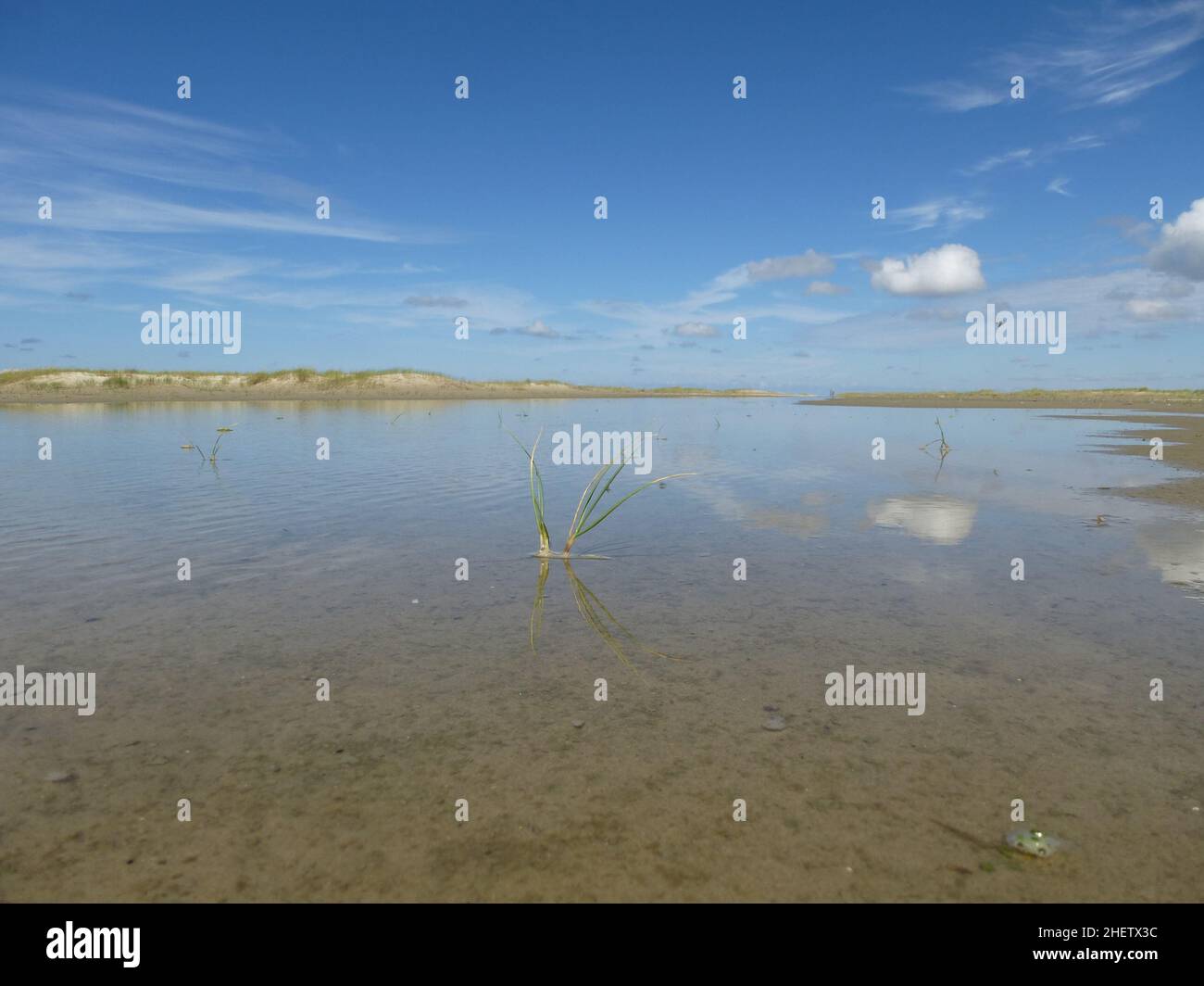 Wasserspiegelungen am Strand der Insel Borkum Stockfoto