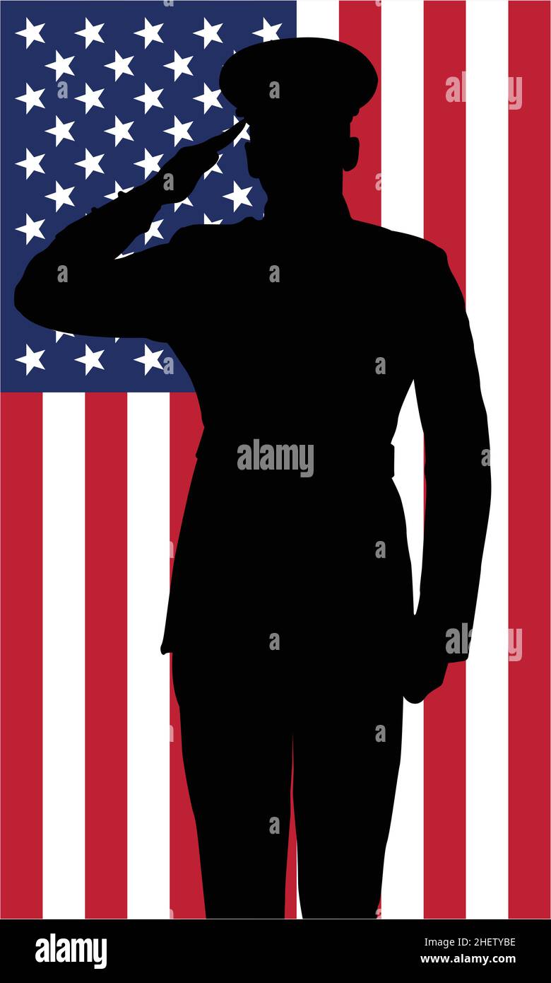 Militär Polizei Armee Marine Marine Luftwaffe Soldat grüßen Silhouette vor genauen richtigen USA Flagge Vektor Stock Vektor