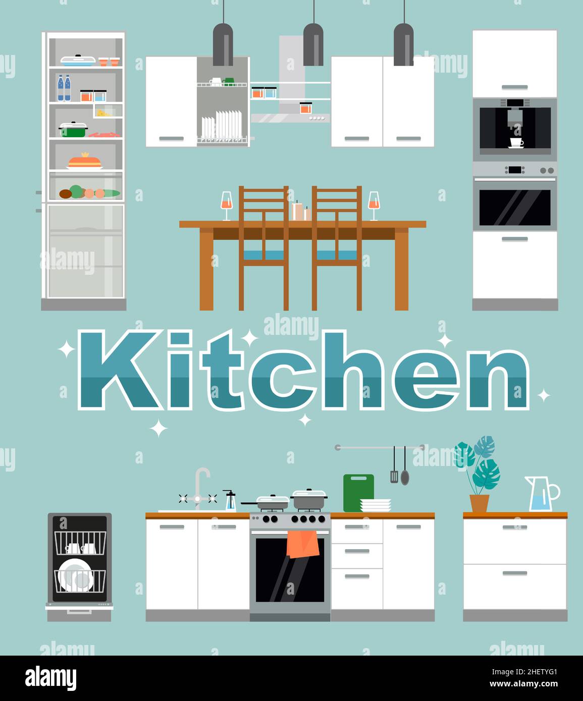 Küche mit Möbeln. Gemütliche Küche mit Tisch, Herd, Schrank, Geschirr und Kühlschrank. Vektorgrafik Design Vorlage Stock Vektor