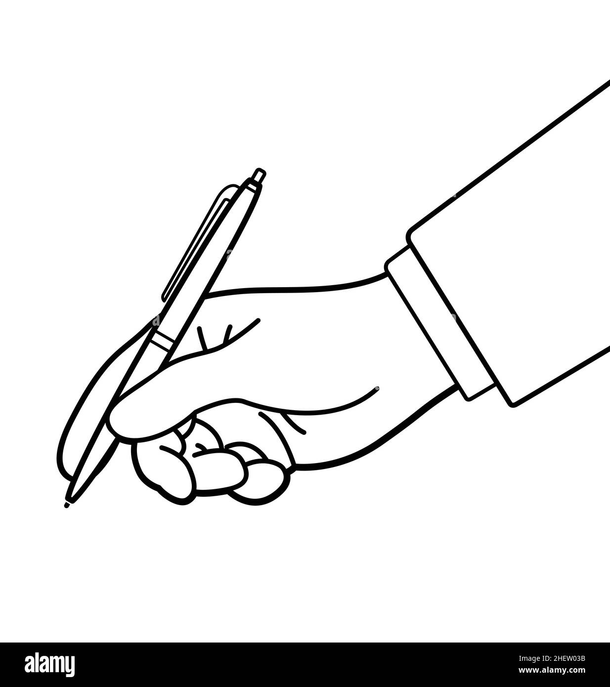 Hand halten Stift schreiben Unterschrift Zeichnung Illustration Seitenansicht Umriss Linienführung Vektor isoliert auf weißem Hintergrund Stock Vektor