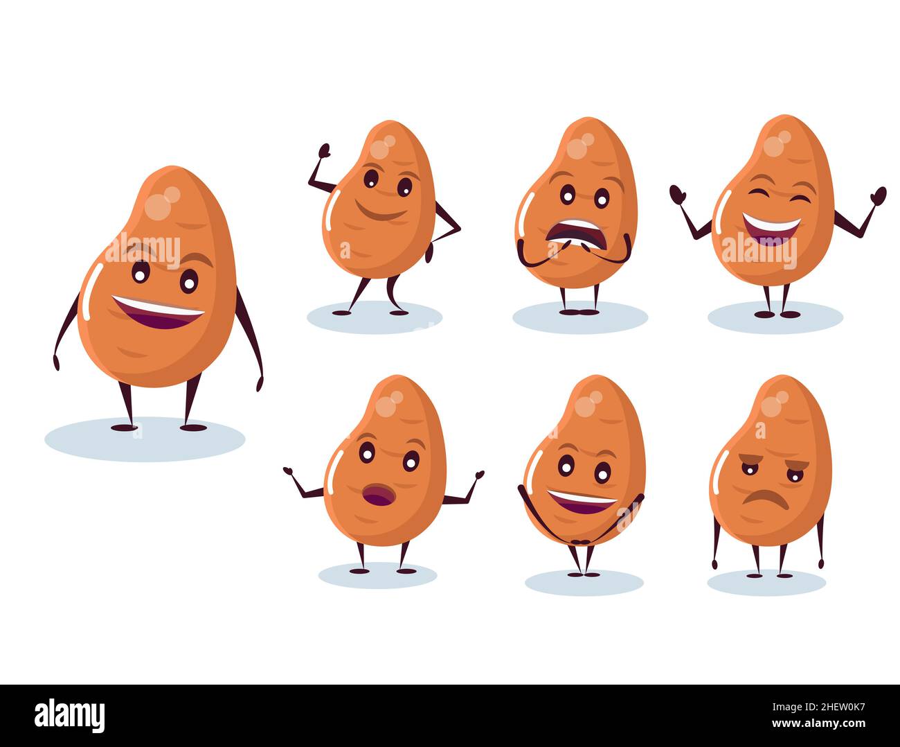 Set von Kartoffeln - Charakter und Emotionen. Anthropomorpher Held. Vektorgrafik im Cartoon-Stil. Stock Vektor