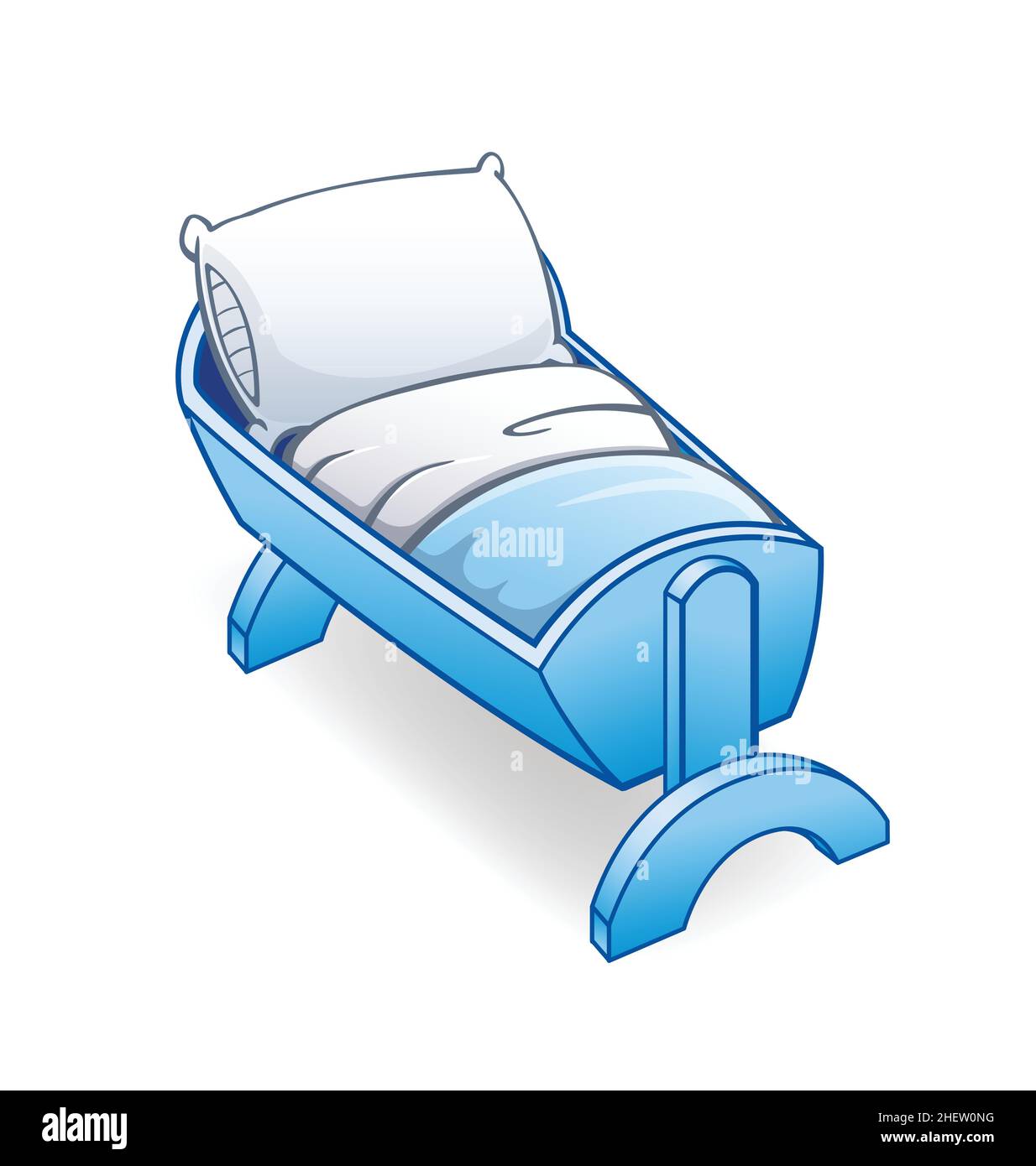Cartoon blau Kleinkind Kinderbett Kinderbett Bett mit Decke und Kissen isometrisch isoliert auf weißem Hintergrund Vektor Stock Vektor