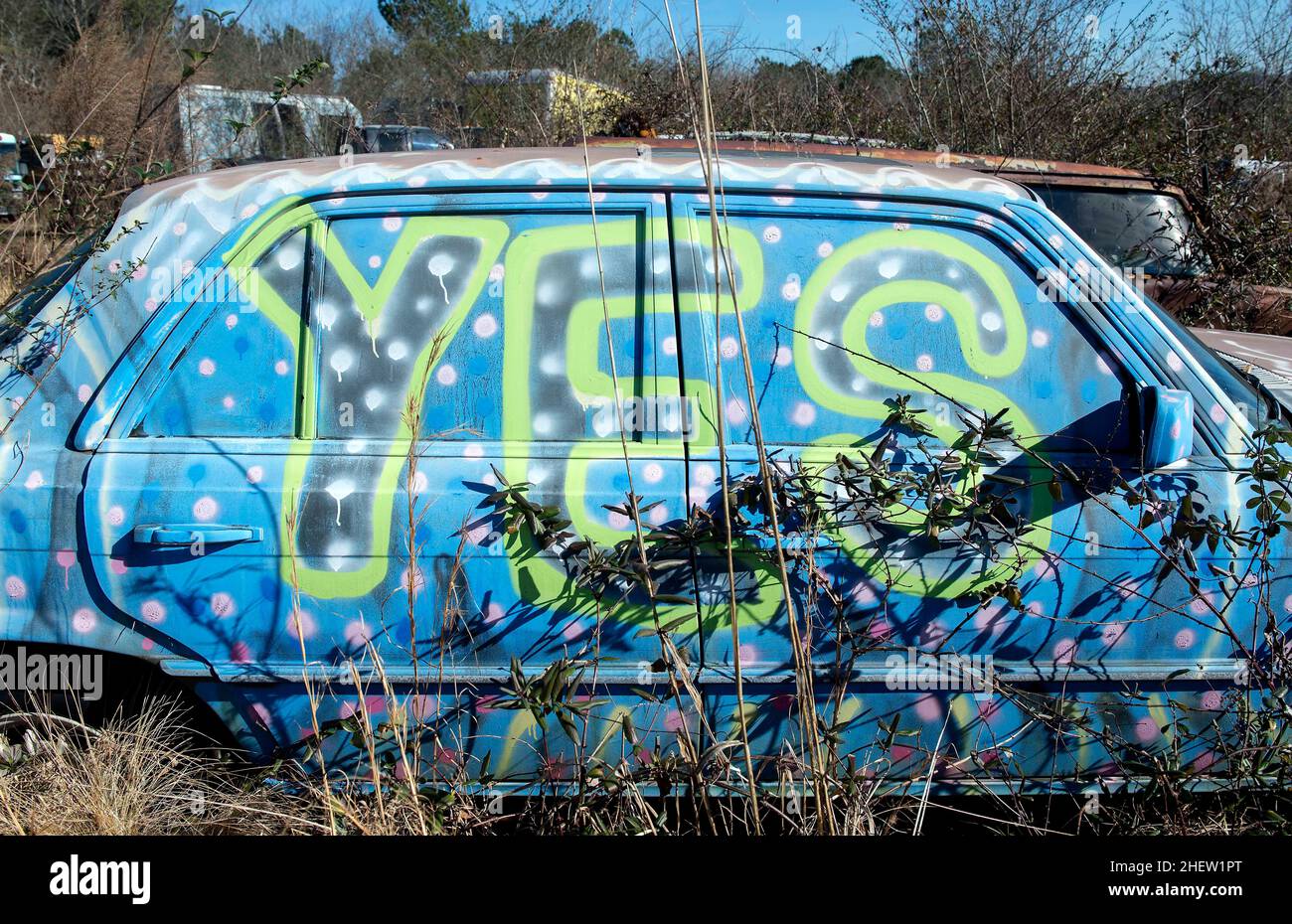 Alto, Georgia, USA. 12th Januar 2022. Der Schulbus-Friedhof auf dem Gelände des Auto Parts & Wrecker Service von Alonzo Wade ist ein Kreis von demisionierten Schulbussen, die als Leinwand für lokale Künstler und als Zaun für das Unternehmen dienen. Die Kunst wird fast jährlich verändert.(Bildquelle: © Brian Cahn/ZUMA Press Wire) Stockfoto