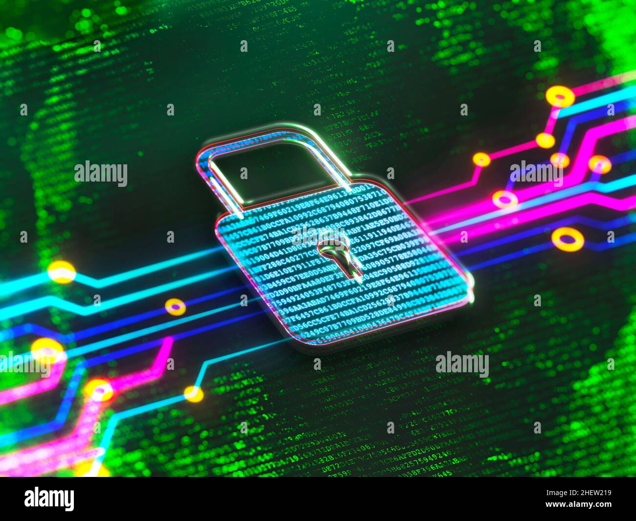 Digitales Schloss, Cybersecurity-Verschlüsselung sicheres Verbindungskonzept Stockfoto