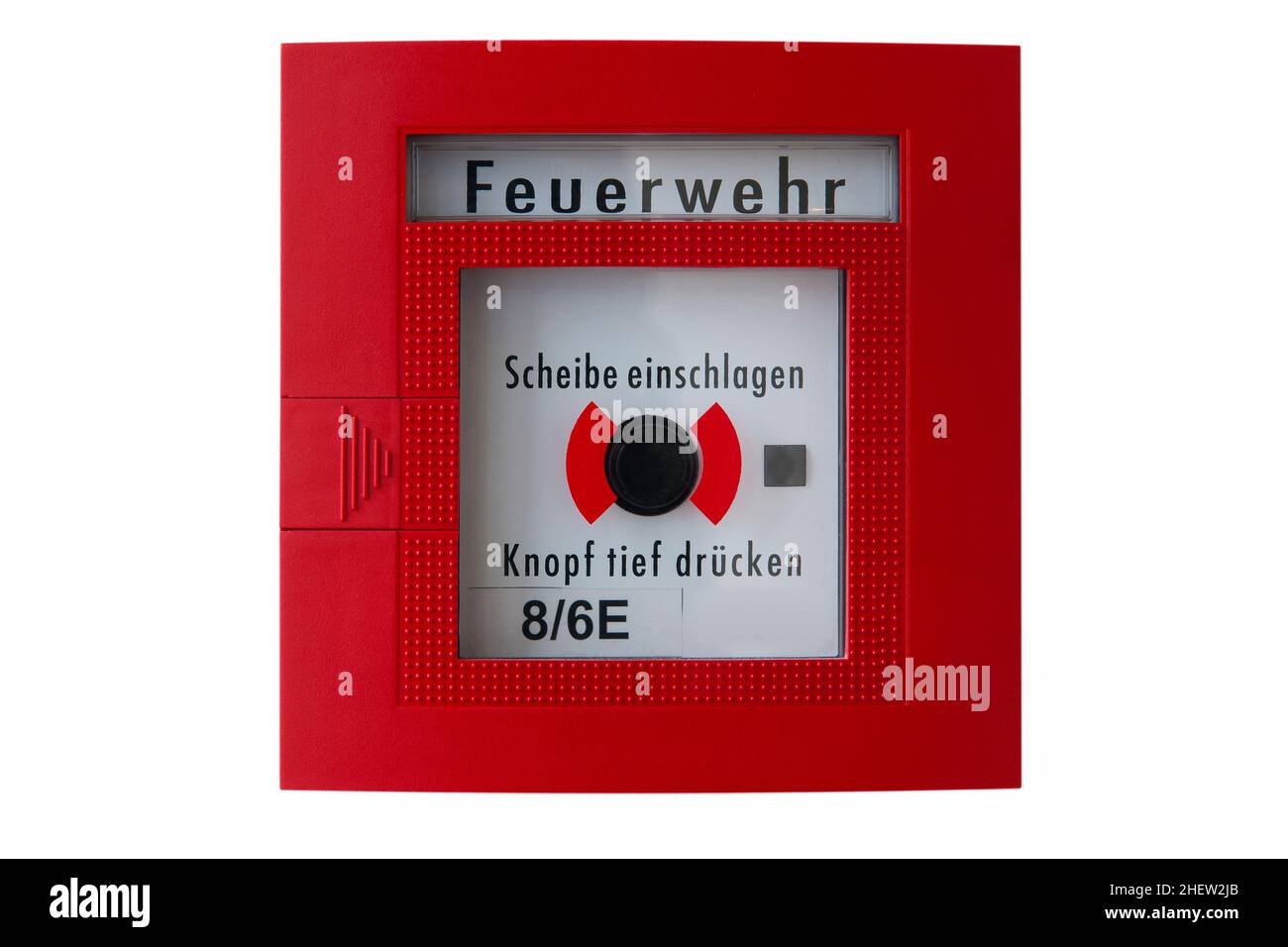 Roter Kasten mit schwarzer Alarmtaste für die Alarmierung der Feuerwehr oder der Feuerwehr Stockfoto
