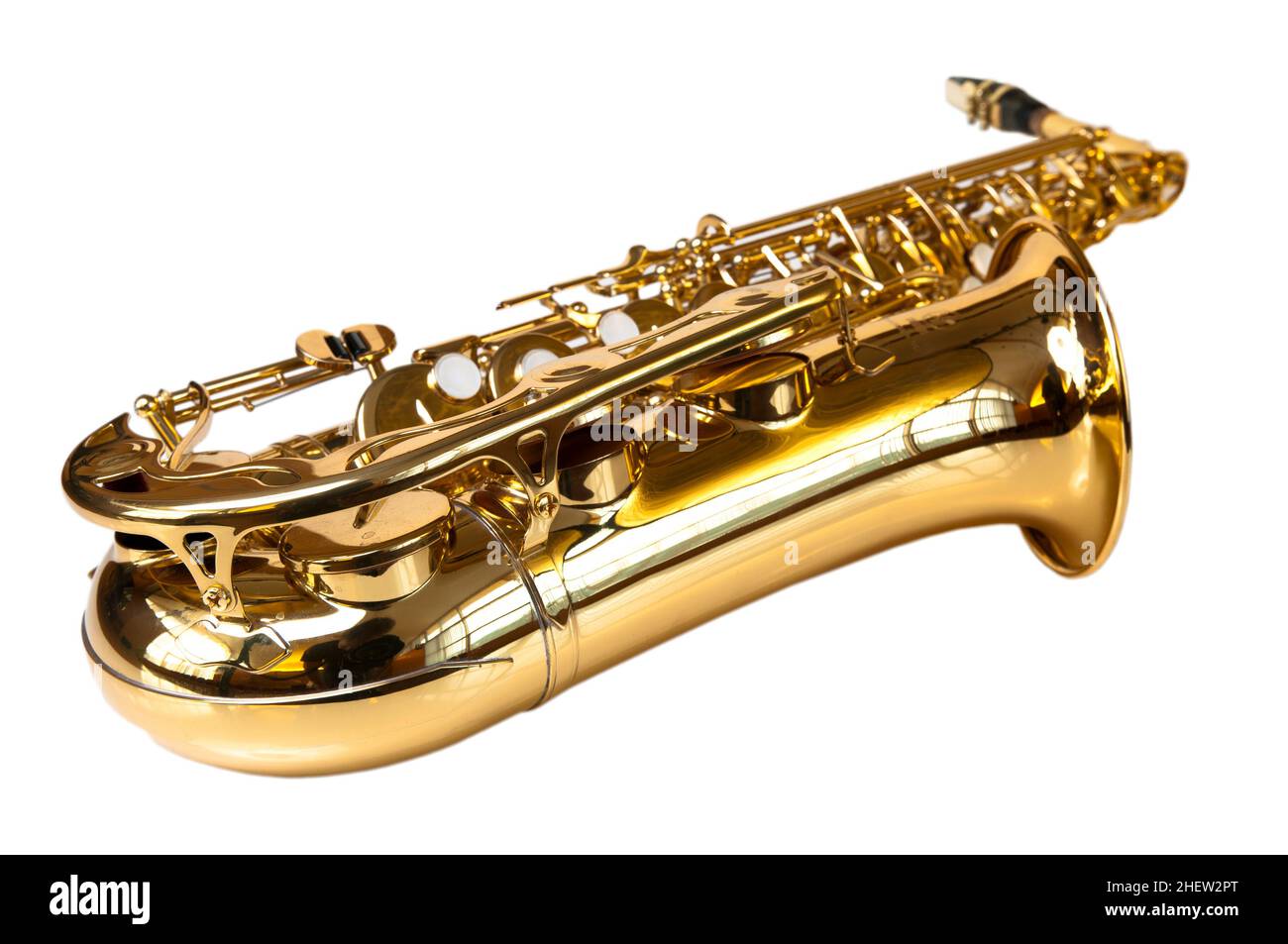 goldenes Konzert-Saxophon isoliert auf weißem Hintergrund Stockfoto