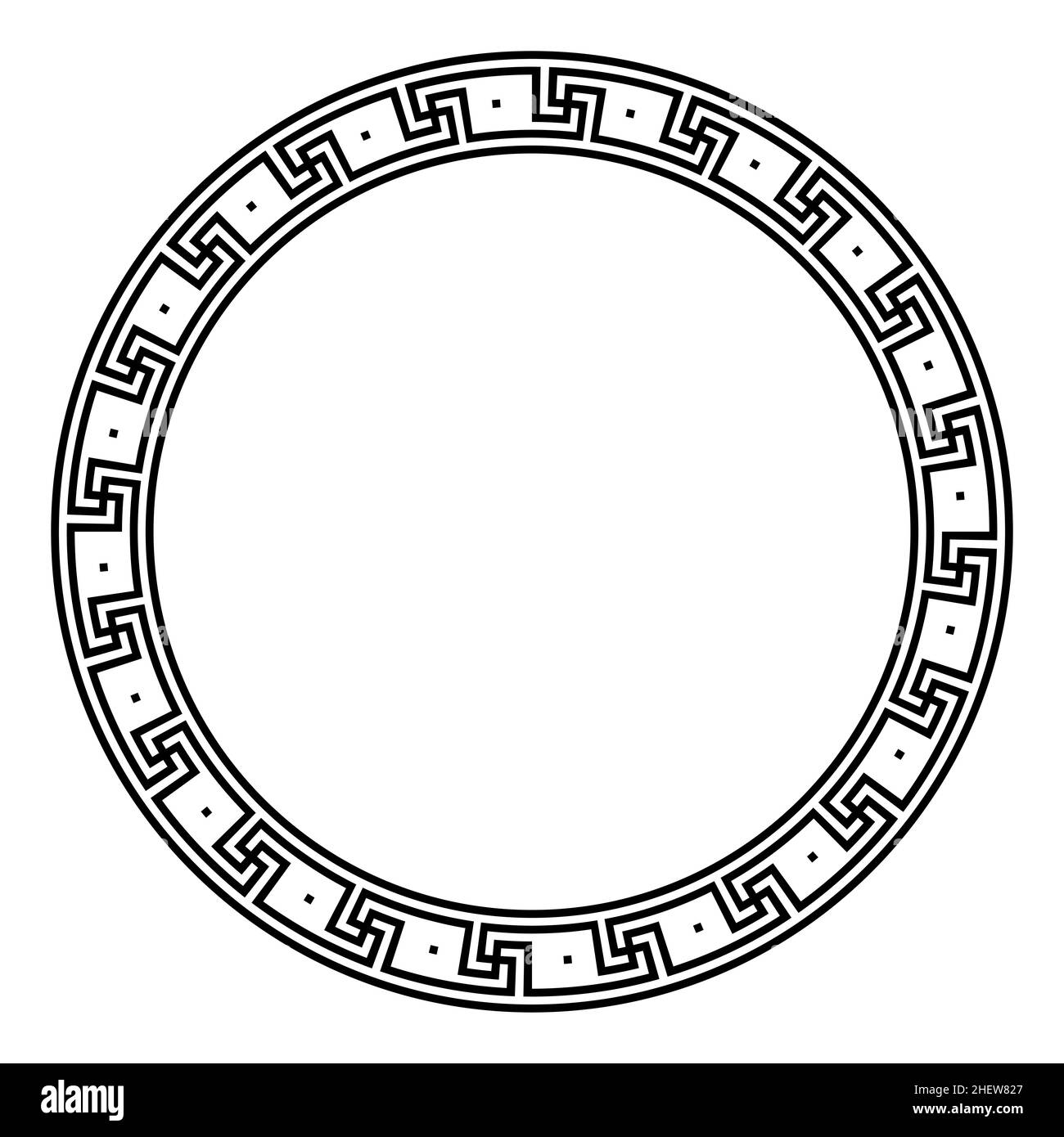 Kreuzmäandermuster, Kreisrahmen mit einzelnen Punkten. Dekorative runde Bordüre aus Linien, geformt zu einem wiederholten Motiv. Stockfoto