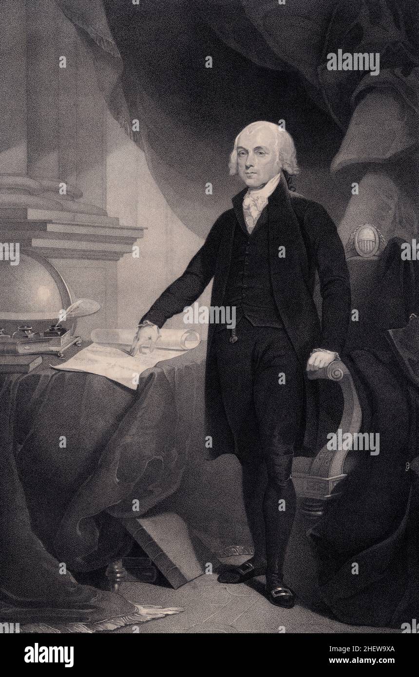 James Madison (1751-1836), Vierter Präsident der Vereinigten Staaten 1809-17, Kupferstich auf Papier, David Edwin, W. H. Morgan & Company, 1810 Stockfoto