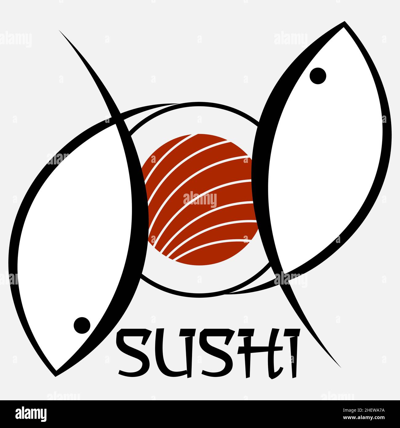 Abstraktes, minimalistisches Sushi-Logo aus Sushi-Fischsilhouetten und Inschrift 1 Stock Vektor