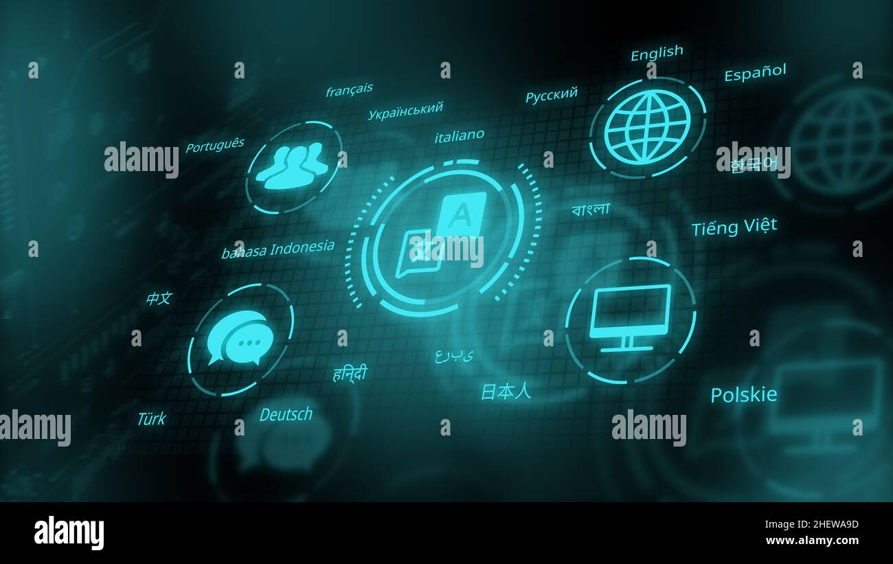 Neon-Übersetzungs-Ikone mit Nachrichten-, Technologie- und Menschen-Ikonen Stockfoto
