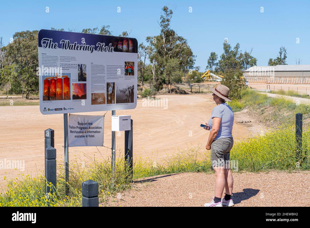 Frau, die sich die Informationskarte für die Silokunst „The Watering Hole“ anschaut, Thallon, Queensland, Australien Stockfoto