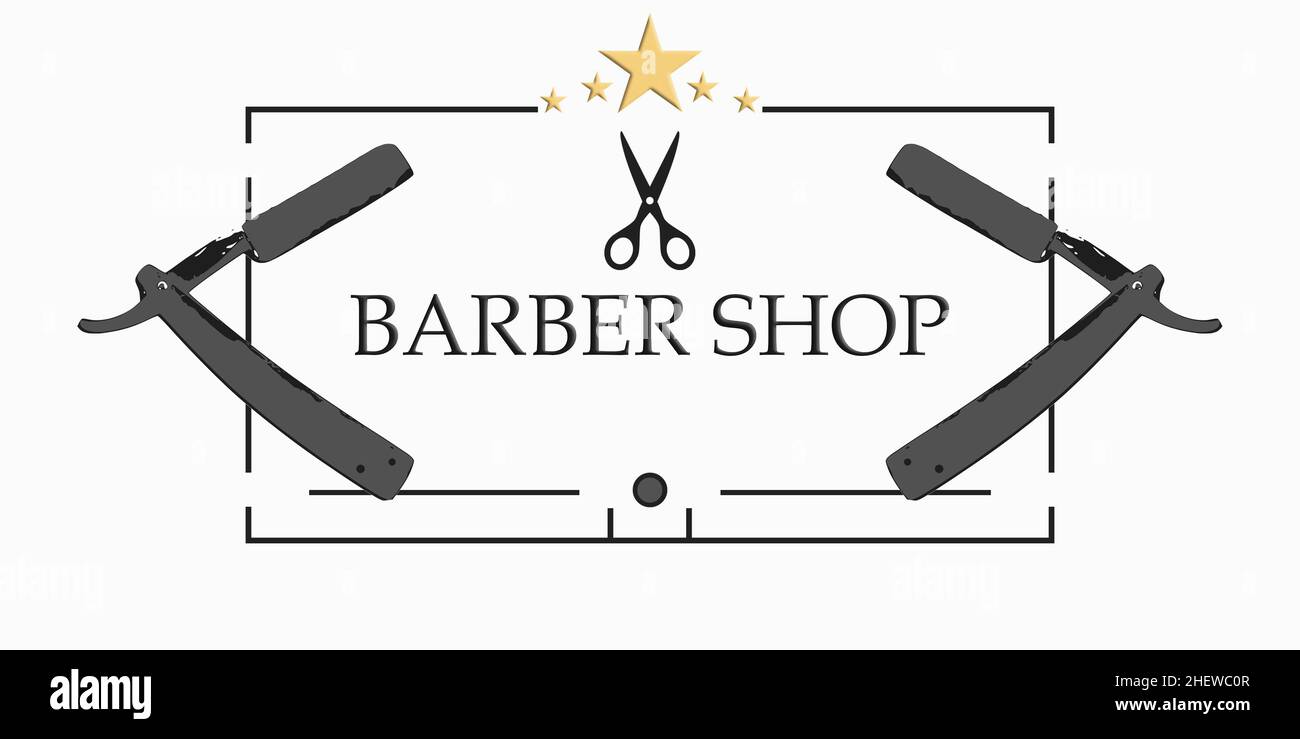 Stylisches Logo für Barbershop, Schere und Rasiermesser, elegantes Ornament Stockfoto