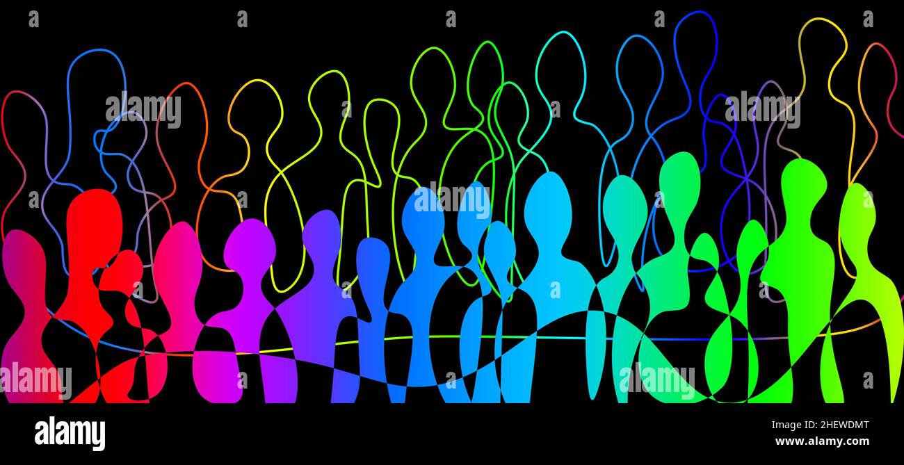 Gruppe von Menschen verbunden Abstract. Kreatives Konzept Idee von Vielfalt, sozialer Gruppe und Kommunikation. Lineare, farbenfrohe Silhouetten Stockfoto