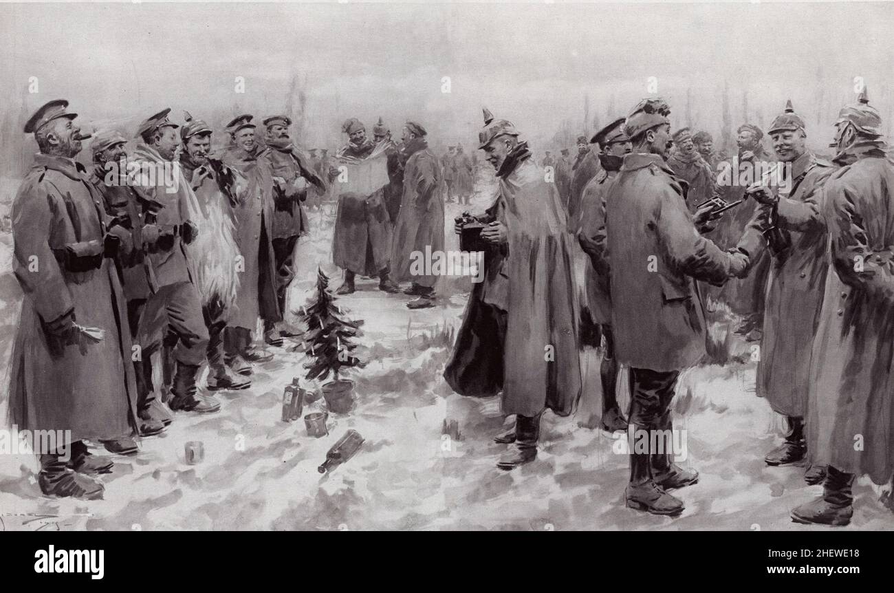 Eine Zeichnung des berühmten Weihnachtsstillstands von 1914, als deutsche und britische Soldaten ihre Schützengräben verließen, um sich in niemandsland zu treffen, zu reden und Essen auszutauschen. Stockfoto Eine Zeichnung des berühmten Weihnachtsstillstands von 1914, als deutsche und britische Soldaten ihre Schützengräben verließen, um sich in niemandsland zu treffen, zu reden und Essen auszutauschen. Stockfoto