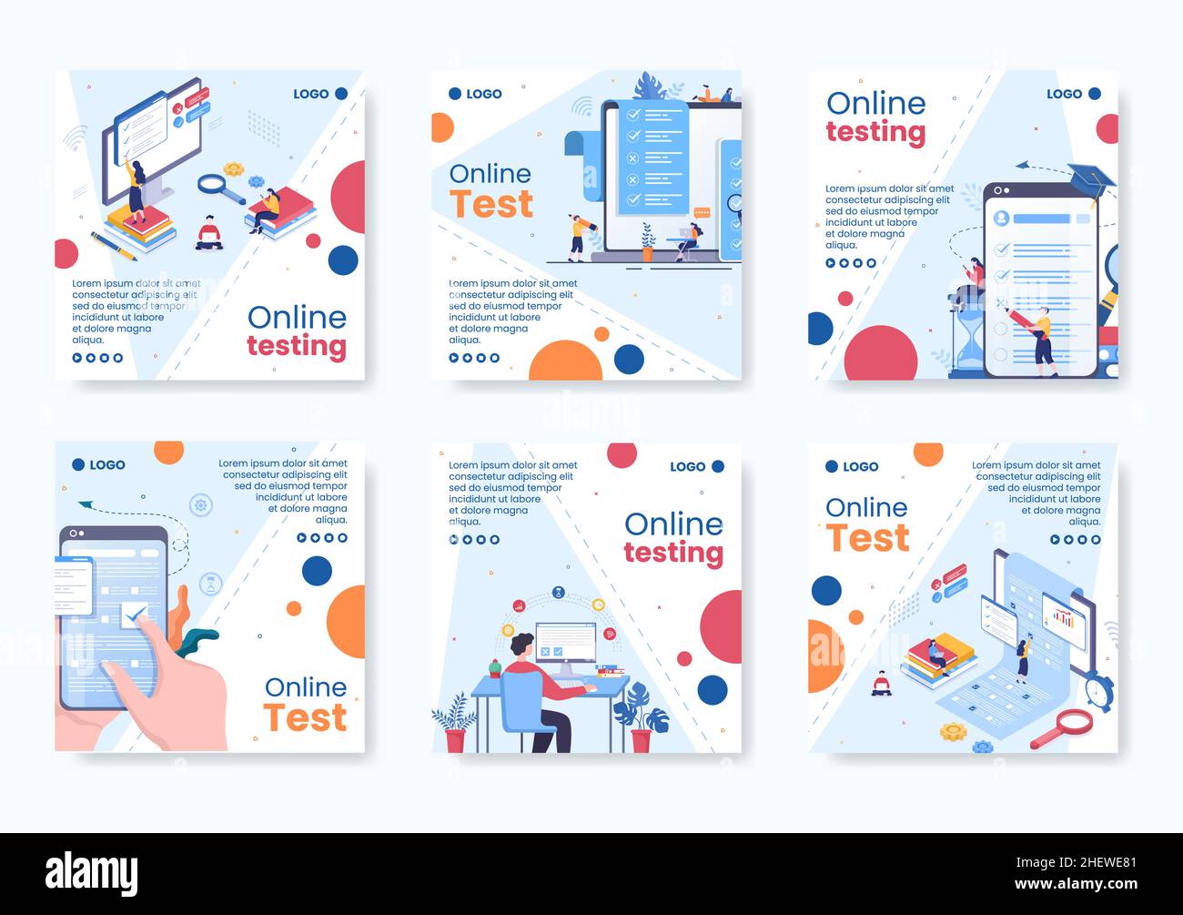 Online Testing Course Post Template Flat Design Illustration editierbar von quadratischen Hintergrund für Social Media, E-Learning und Bildungskonzept Stock Vektor