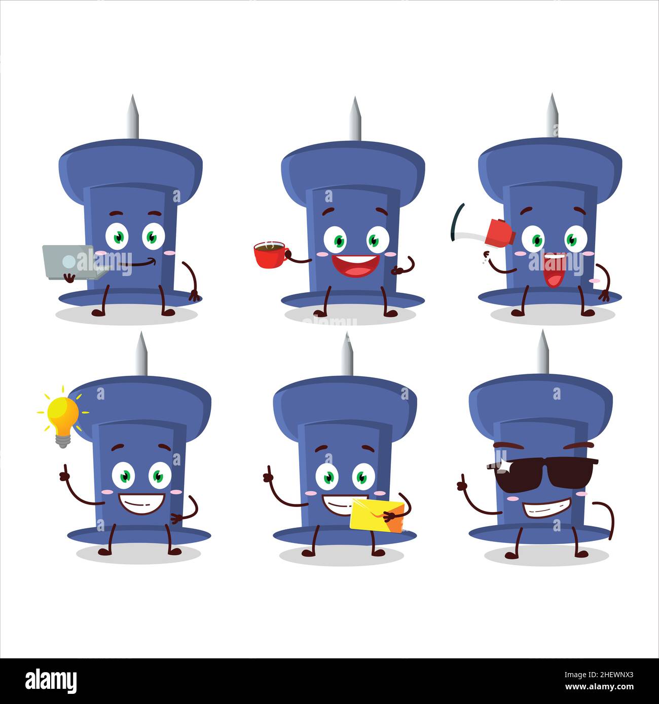 Blaue Push-Pin Cartoon-Figur mit verschiedenen Arten von Business-Emoticons. Vektorgrafik Stock Vektor