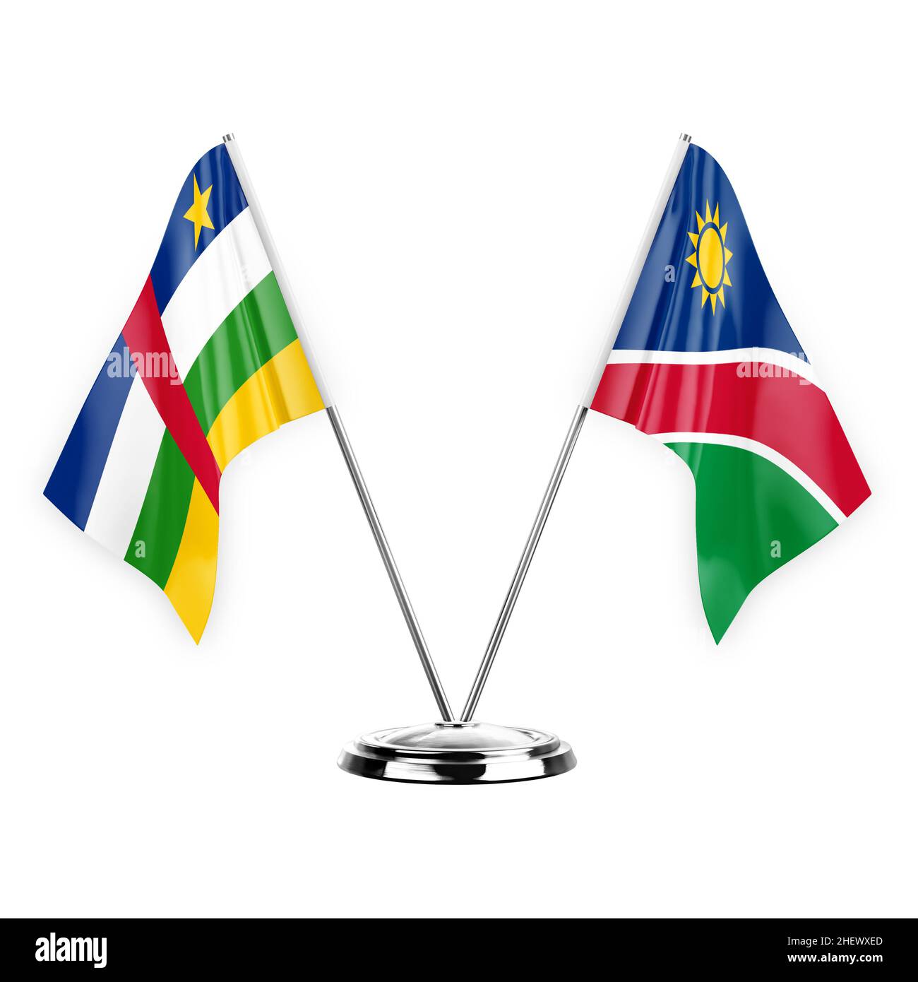 Zwei Tischfahnen isoliert auf weißem Hintergrund 3D Abbildung, zentralafrikanische republik und namibia Stockfoto