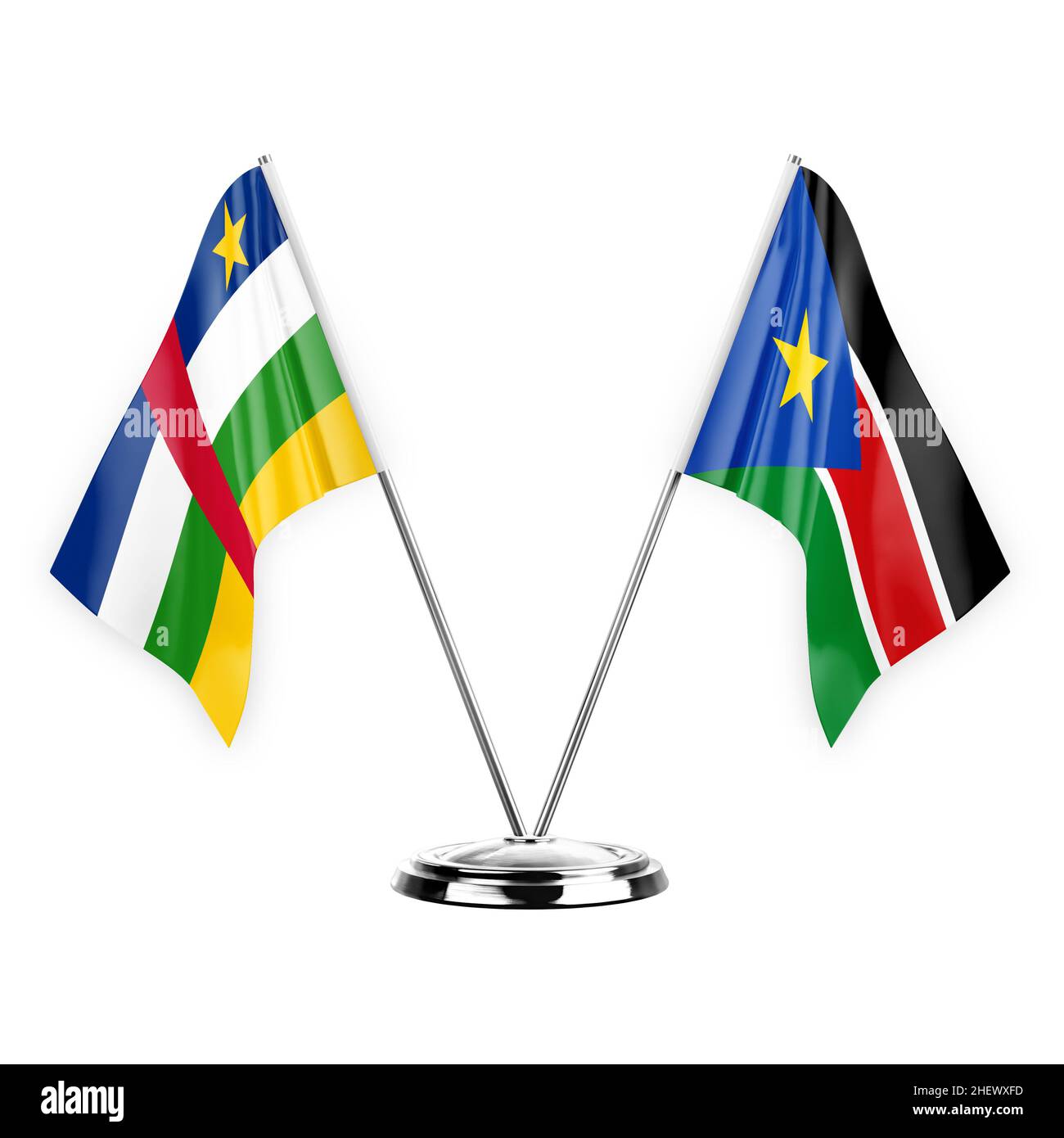Zwei Tischfahnen isoliert auf weißem Hintergrund 3D Abbildung, zentralafrikanische republik und südsudan Stockfoto