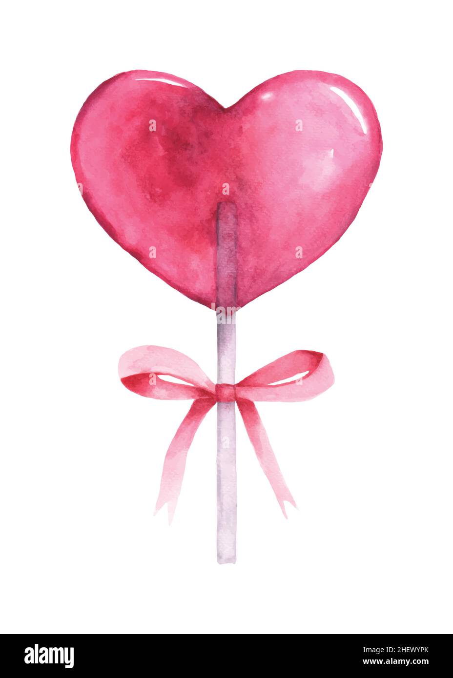 Leuchtend rosa herzförmigen Lollipop und Band gebunden niedlich mit Aquarell handbemalt isoliert auf weißem Hintergrund. Element perfekt für die Dekoration Valen Stock Vektor