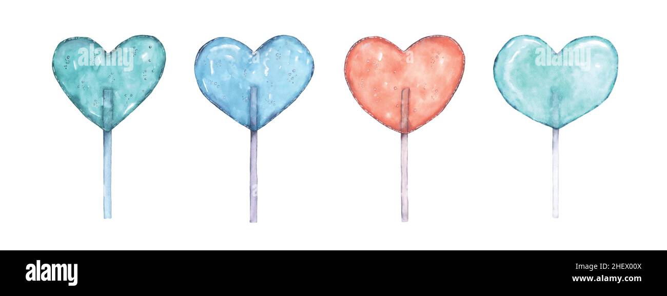 Set von herzförmigen Lollipop niedlich mit hellen Aquarell handbemalt isoliert auf weißem Hintergrund. Element perfekt für die Dekoration Valentinstag, gr Stock Vektor