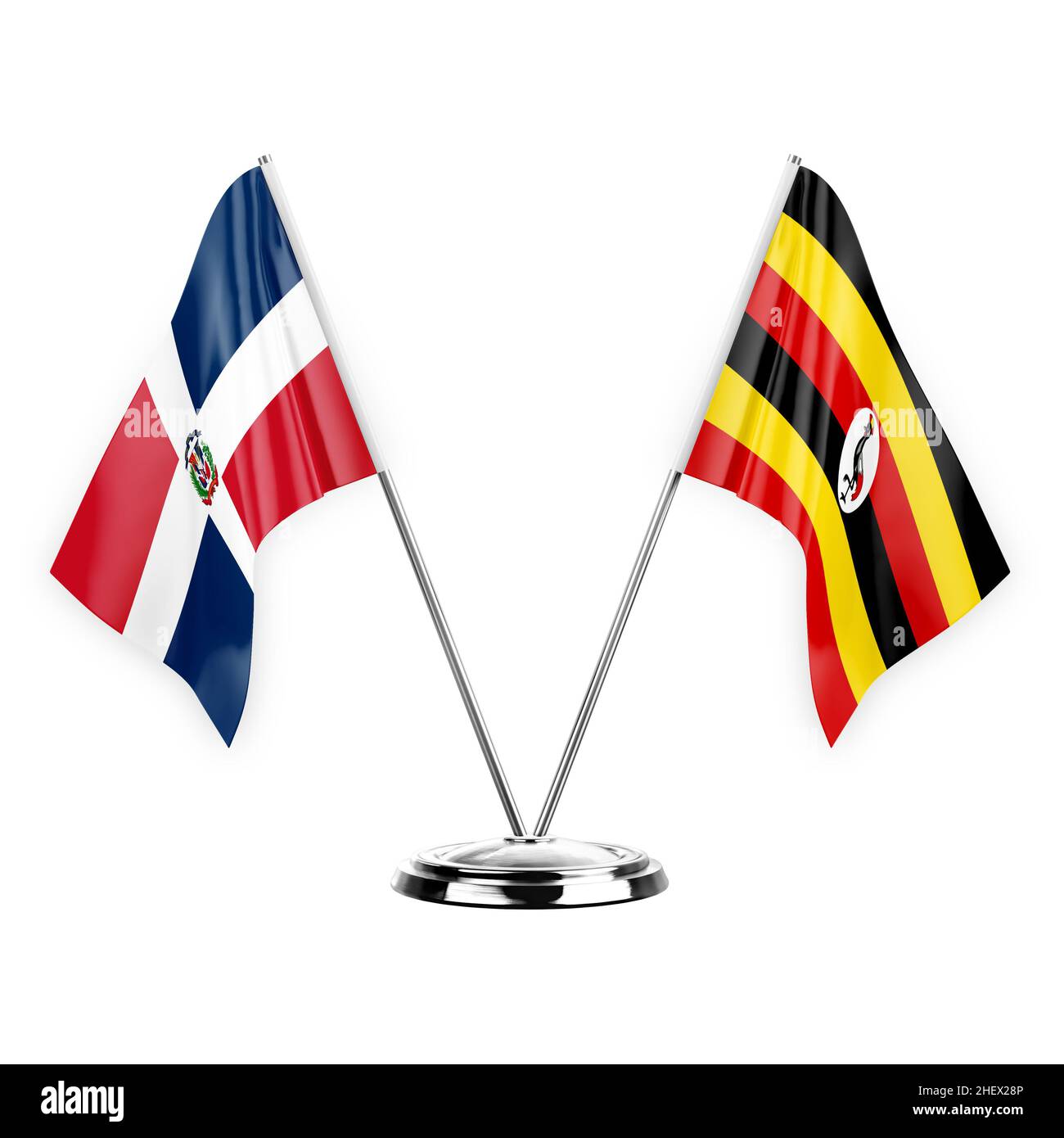 Zwei Tischfahnen isoliert auf weißem Hintergrund 3D Abbildung, dominikanische republik und uganda Stockfoto