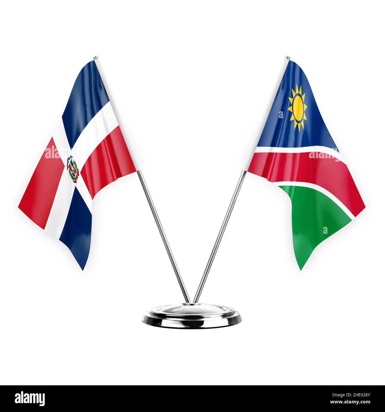 Zwei Tischfahnen isoliert auf weißem Hintergrund 3D Abbildung, dominikanische republik und namibia Stockfoto
