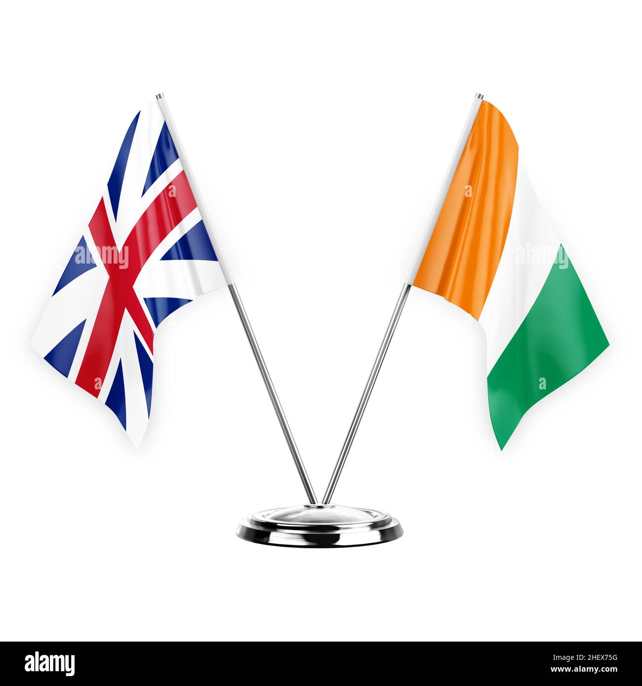 Zwei Tischfahnen isoliert auf weißem Hintergrund 3D Illustration, Großbritannien und Elfenbeinküste Stockfoto