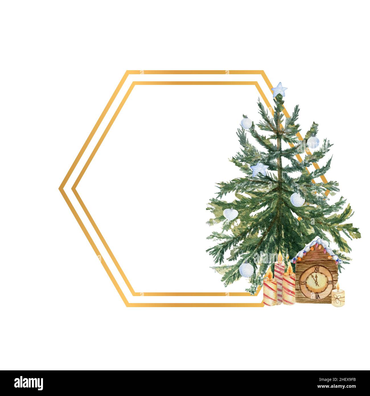 Geometrischer Goldrahmen mit Weihnachtsbaum, Kerzen, Stechblumen und Winterdekor. Aquarelldarstellung Stockfoto