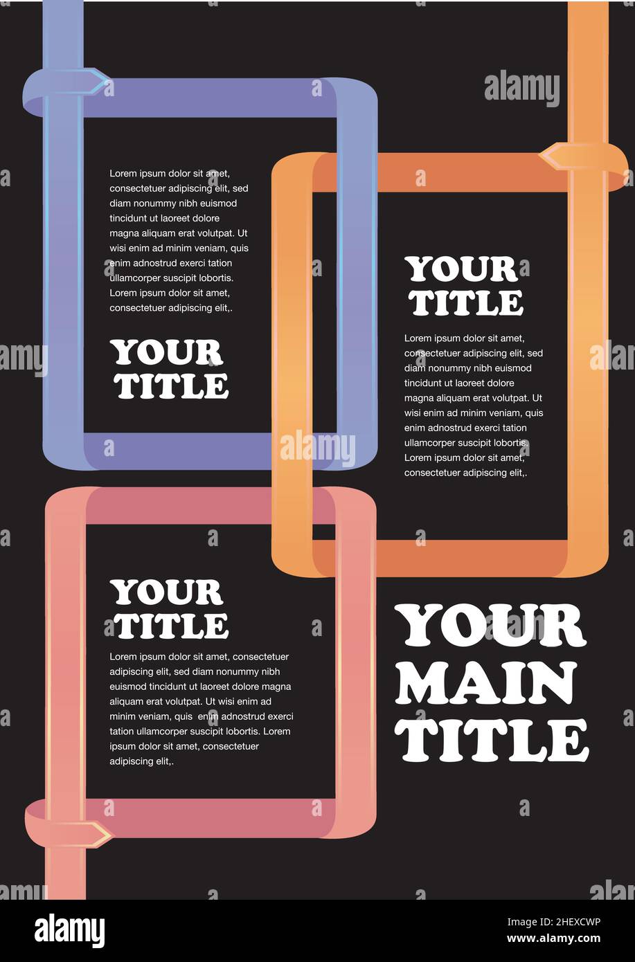 Drei miteinander verbundene Kästchen aus Drehpfeilen mit Platz für Text und Titel auf schwarzem Hintergrund. Abstrakter Vektorhintergrund für das Seitenlayout-Design te Stock Vektor