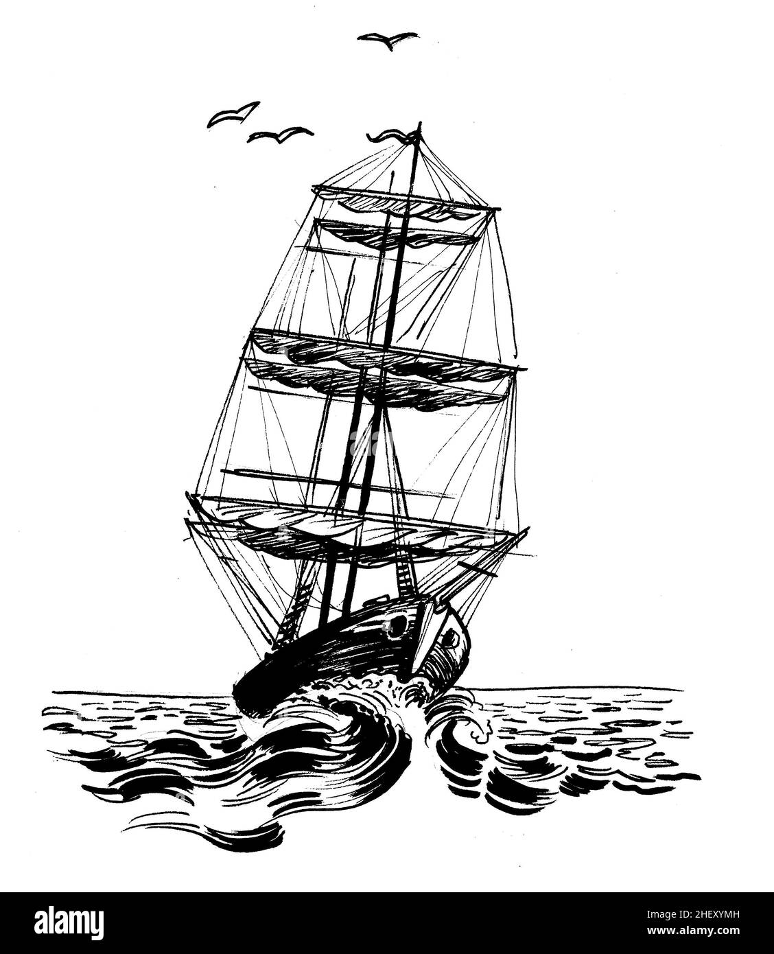 Segelschiff im Meer. Tinte schwarz-weiß Zeichnung Stockfoto