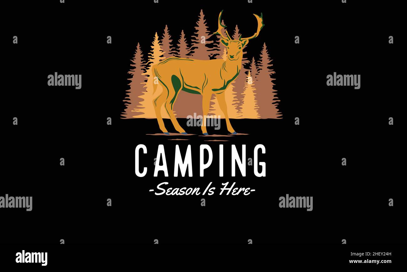 Camping Season ist hier Hirsch Sommer Design T-Shirt Monogramm Text Vektor Vorlage Stock Vektor