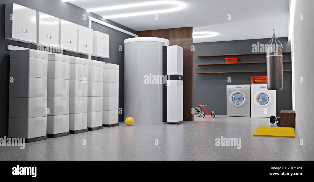 Ein modernes netzgekoppeltes Solaranlagensystem für Privathaushalte, Abbildung 3D Stockfoto