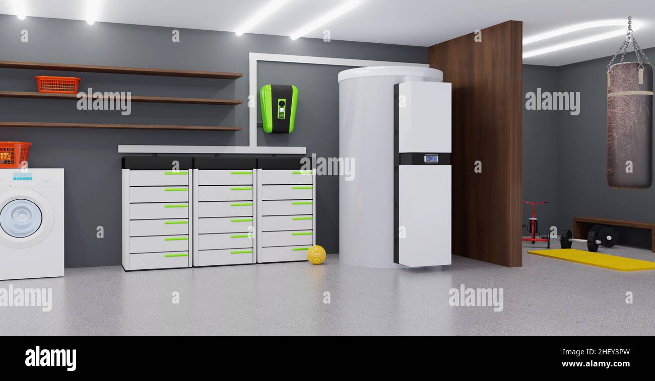 Ein modernes netzgekoppeltes Solaranlagensystem für Privathaushalte, Abbildung 3D Stockfoto