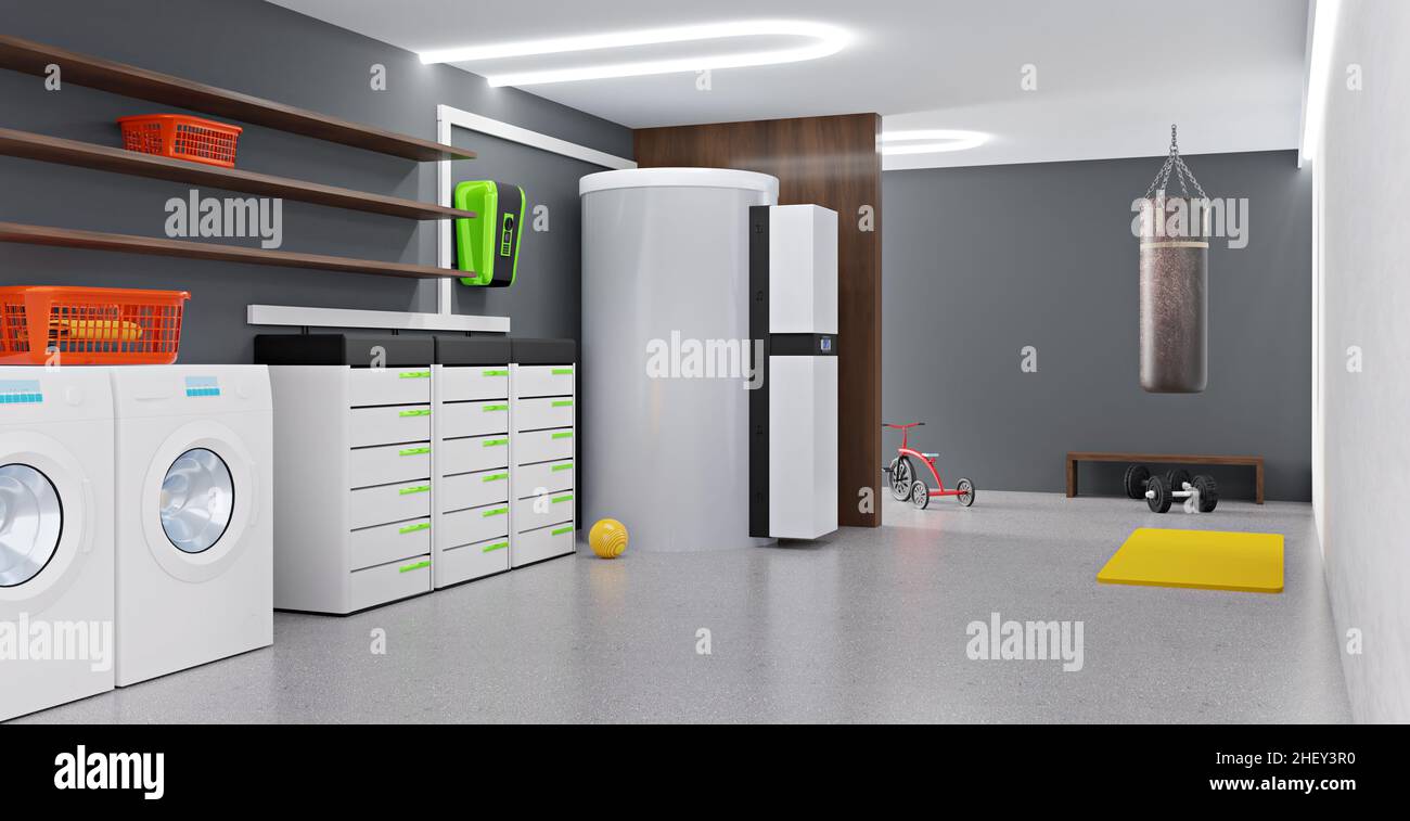 Ein modernes netzgekoppeltes Solaranlagensystem für Privathaushalte, Abbildung 3D Stockfoto